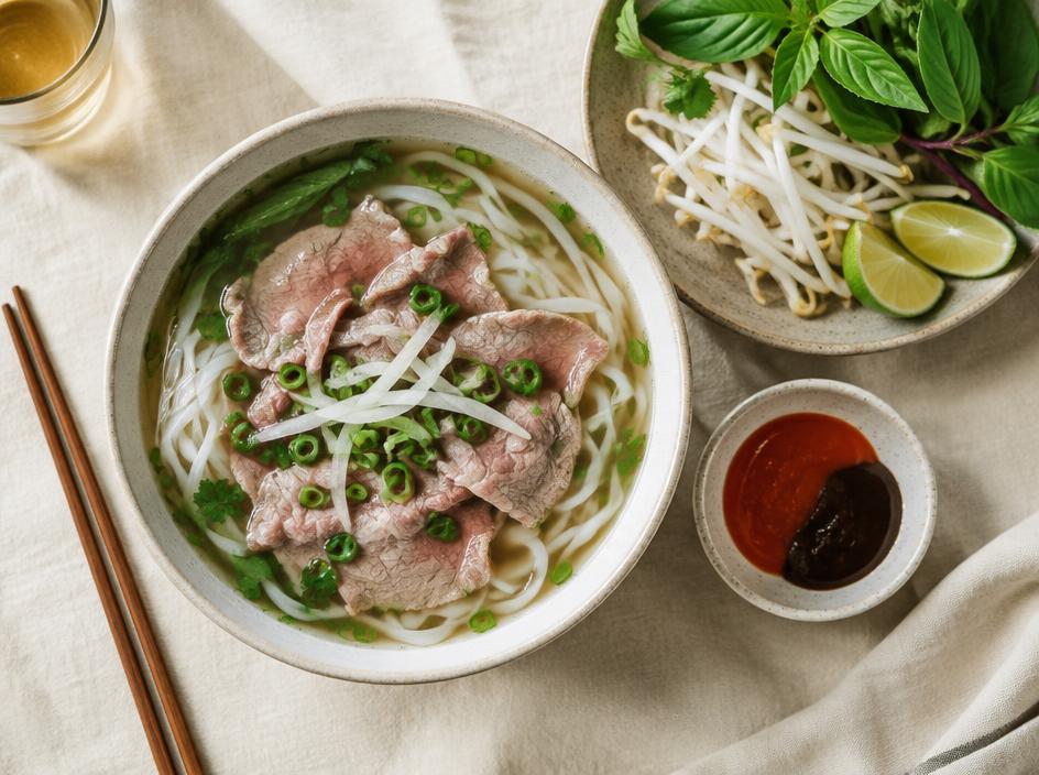 Schale Phở mit dünnen Rindfleischscheiben, Reisnudeln, Kräutern und Limette